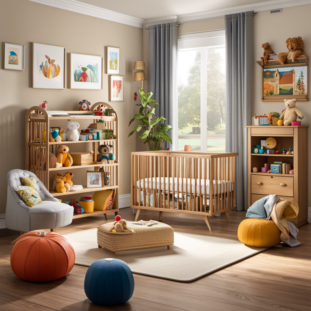An image that depicts a cozy nursery filled with vibrant toys and books, bathed in warm natural light