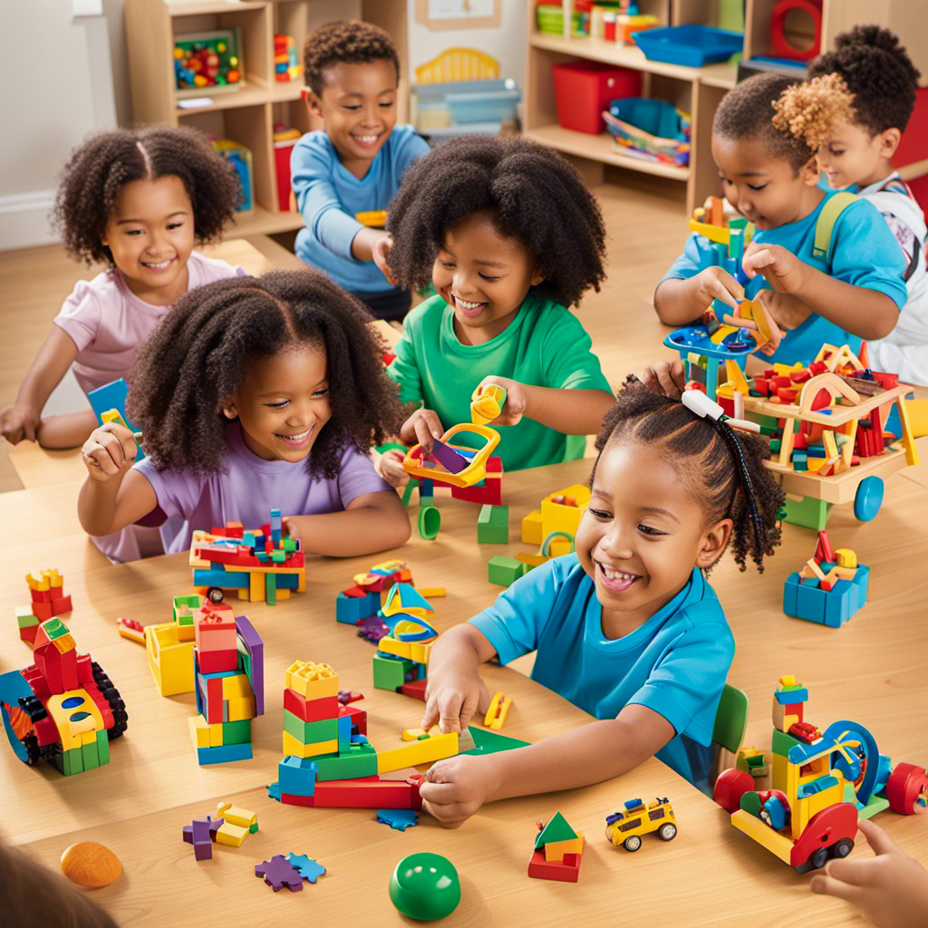 An image featuring a diverse group of preschoolers engaged in play with a variety of educational toys, showcasing their curiosity and excitement