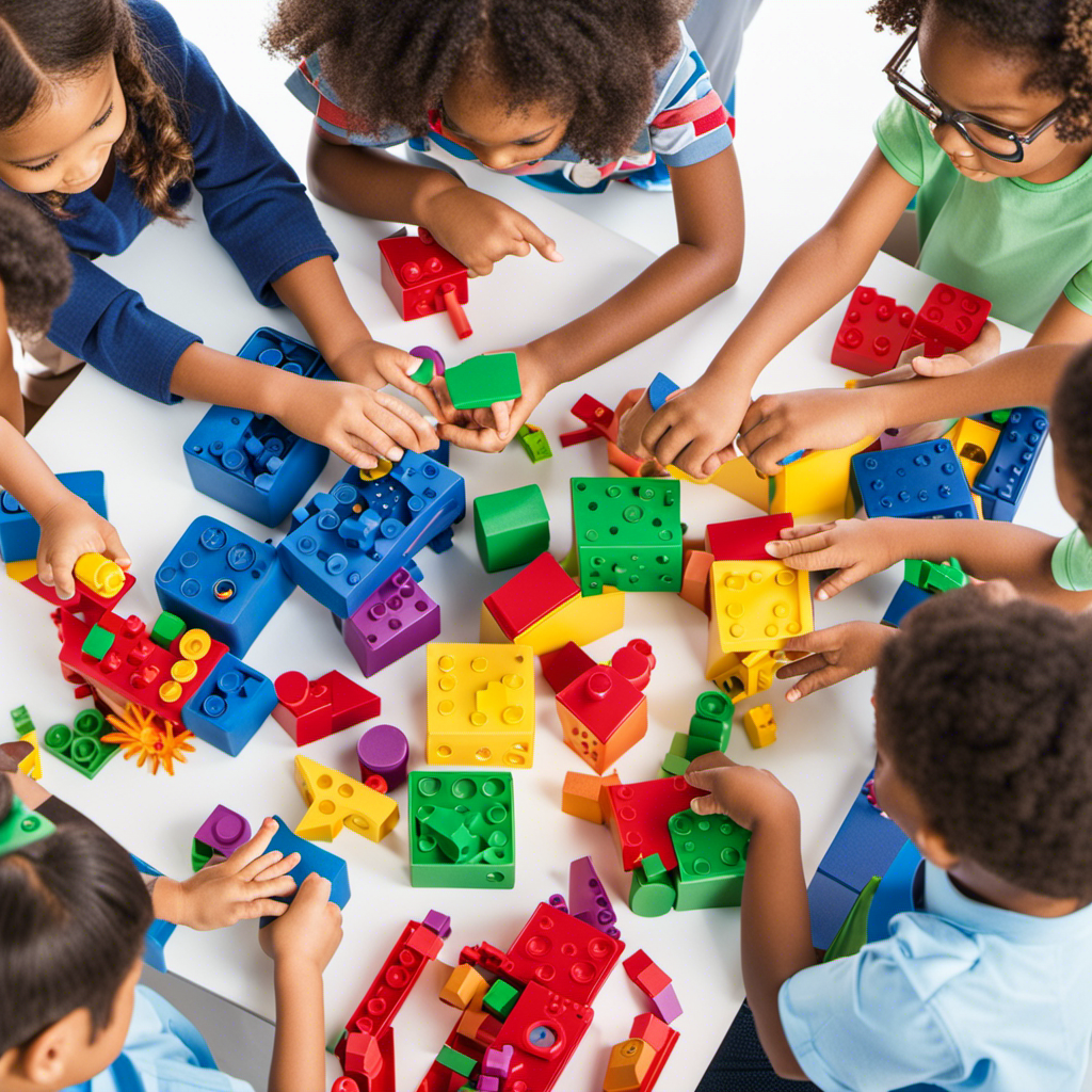 An image showcasing a diverse group of children engaged in hands-on STEM activities, surrounded by a colorful array of educational toys like building blocks, robotics kits, and science experiments, epitomizing the power of STEM toys in fostering creativity, problem-solving, and critical thinking skills