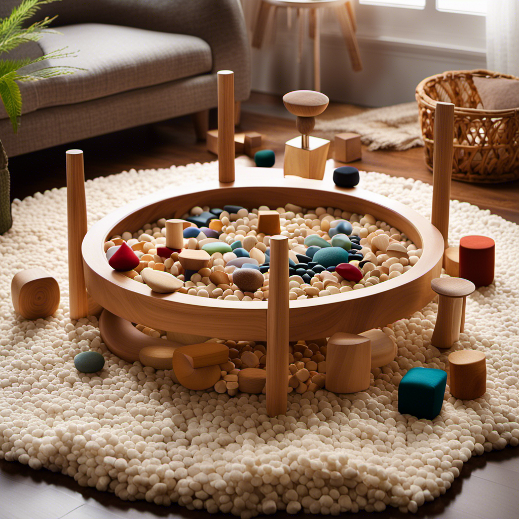 An image showcasing a wooden play table, adorned with natural materials like polished stones, silk scarves, and wooden blocks arranged meticulously