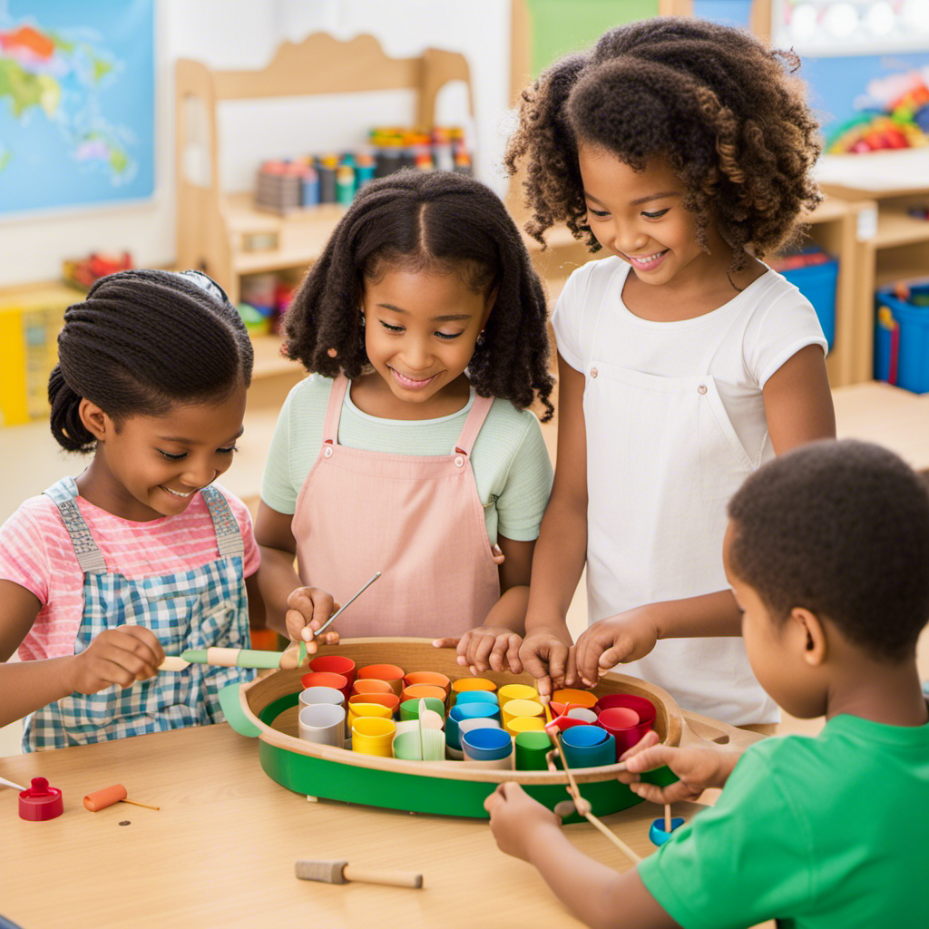 An image featuring a diverse group of children engaged in hands-on activities, exploring materials independently, and collaborating with peers in a well-organized Montessori classroom filled with colorful and interactive learning materials