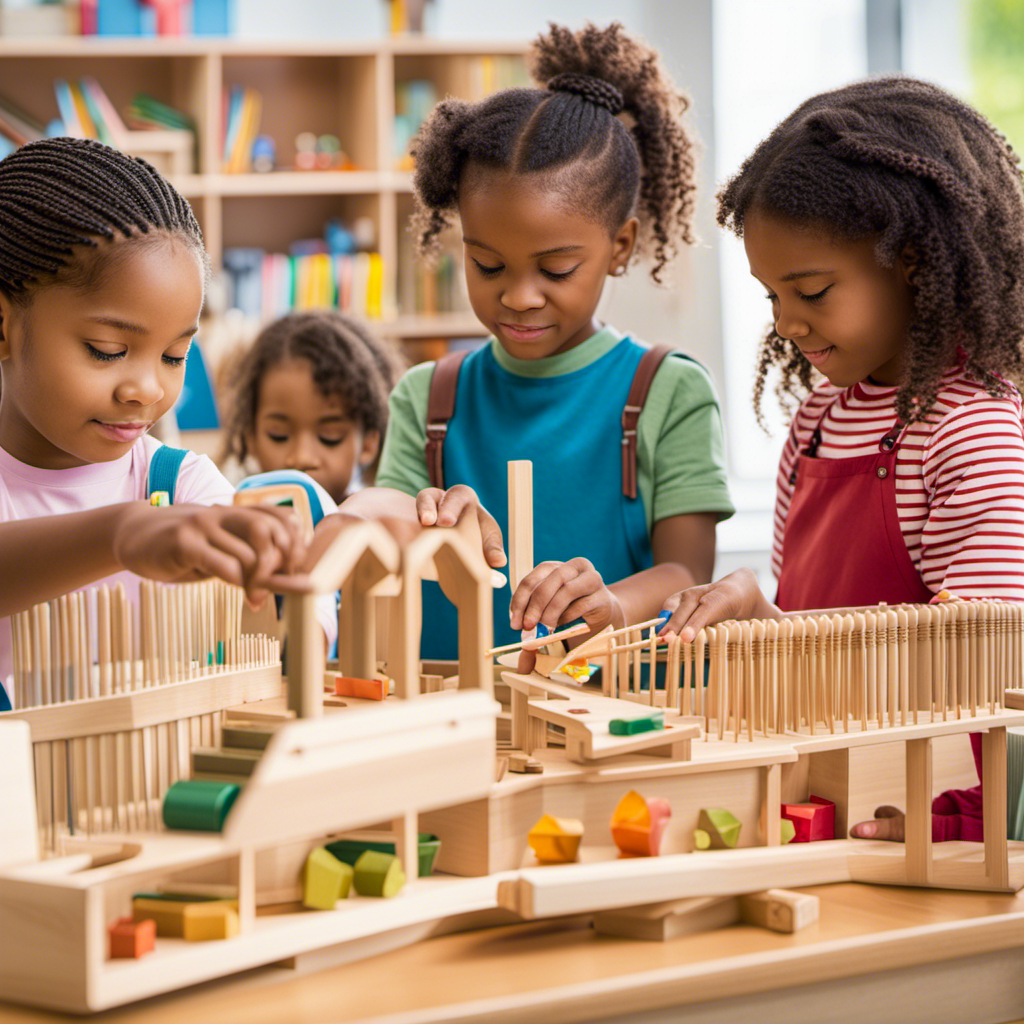 An image depicting a diverse group of children actively exploring a Montessori classroom filled with hands-on materials, as a passionate teacher guides and supports their individual learning journeys