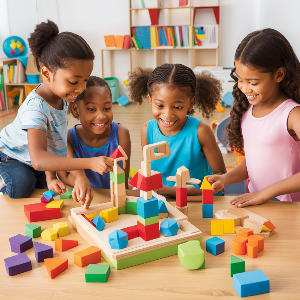 An image featuring a diverse group of children enthusiastically engaged in hands-on play with STEM math toys