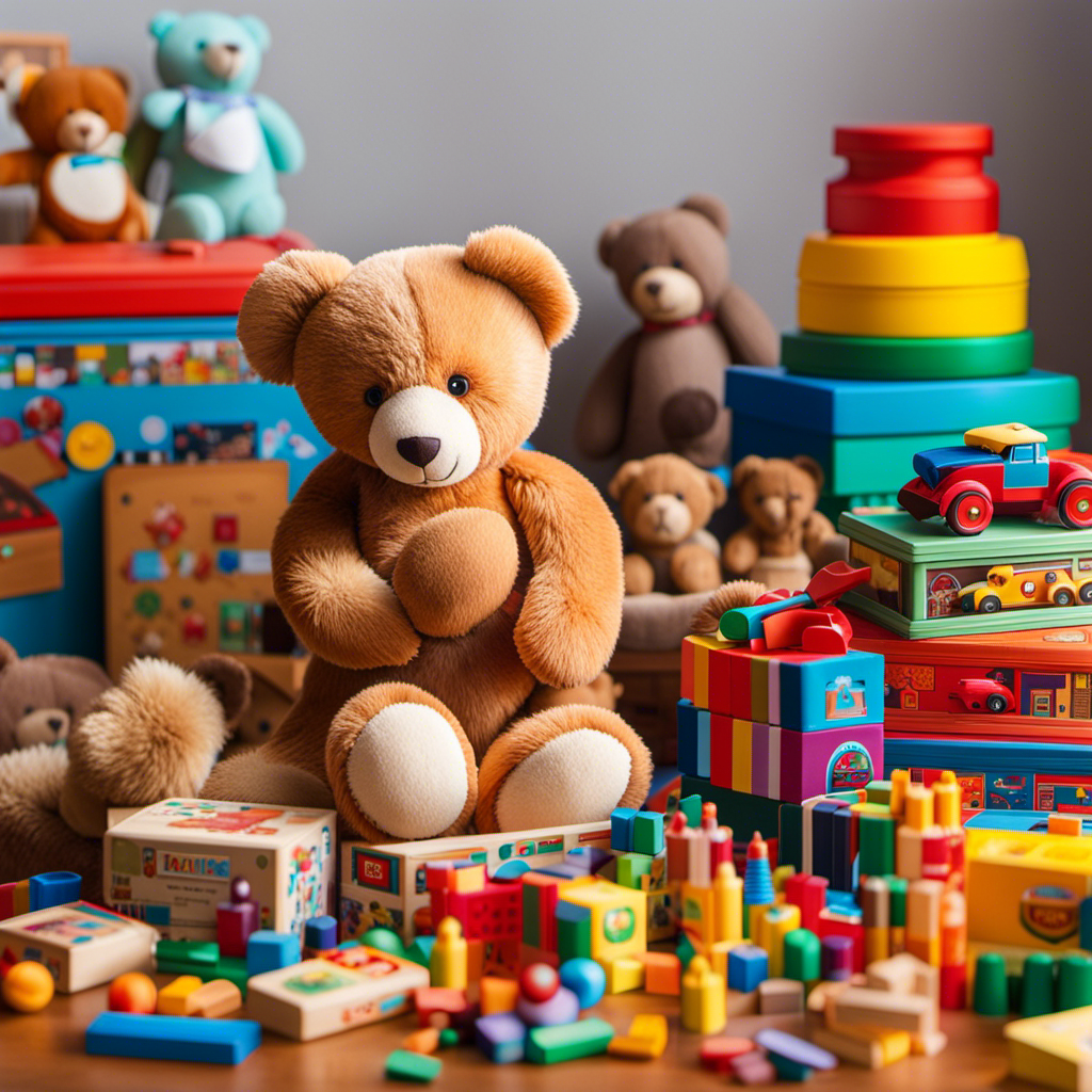 An image showcasing a colorful, well-organized preschooler's toy chest brimming with must-have essentials: plush teddy bears, building blocks, crayons, puzzles, toy cars, dolls, and a vibrant stack of picture books