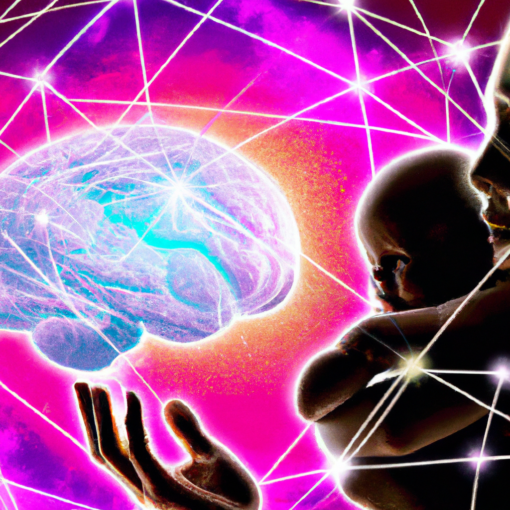 An image that portrays a nurturing parent holding a newborn baby, surrounded by a vibrant brain network