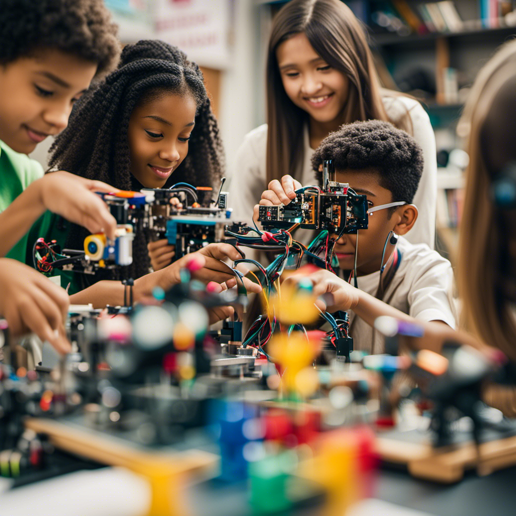 An image showcasing a vibrant and bustling STEM tween scene, with a diverse group of 11-year-olds actively engaged in constructing robots, coding, experimenting, and utilizing advanced technology