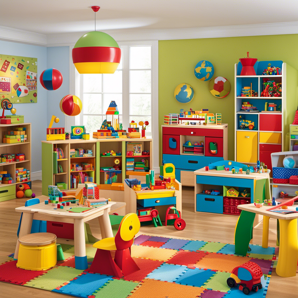 An image showcasing a colorful playroom filled with a variety of engaging preschool toys such as building blocks, puzzles, dolls, art supplies, musical instruments, and educational games