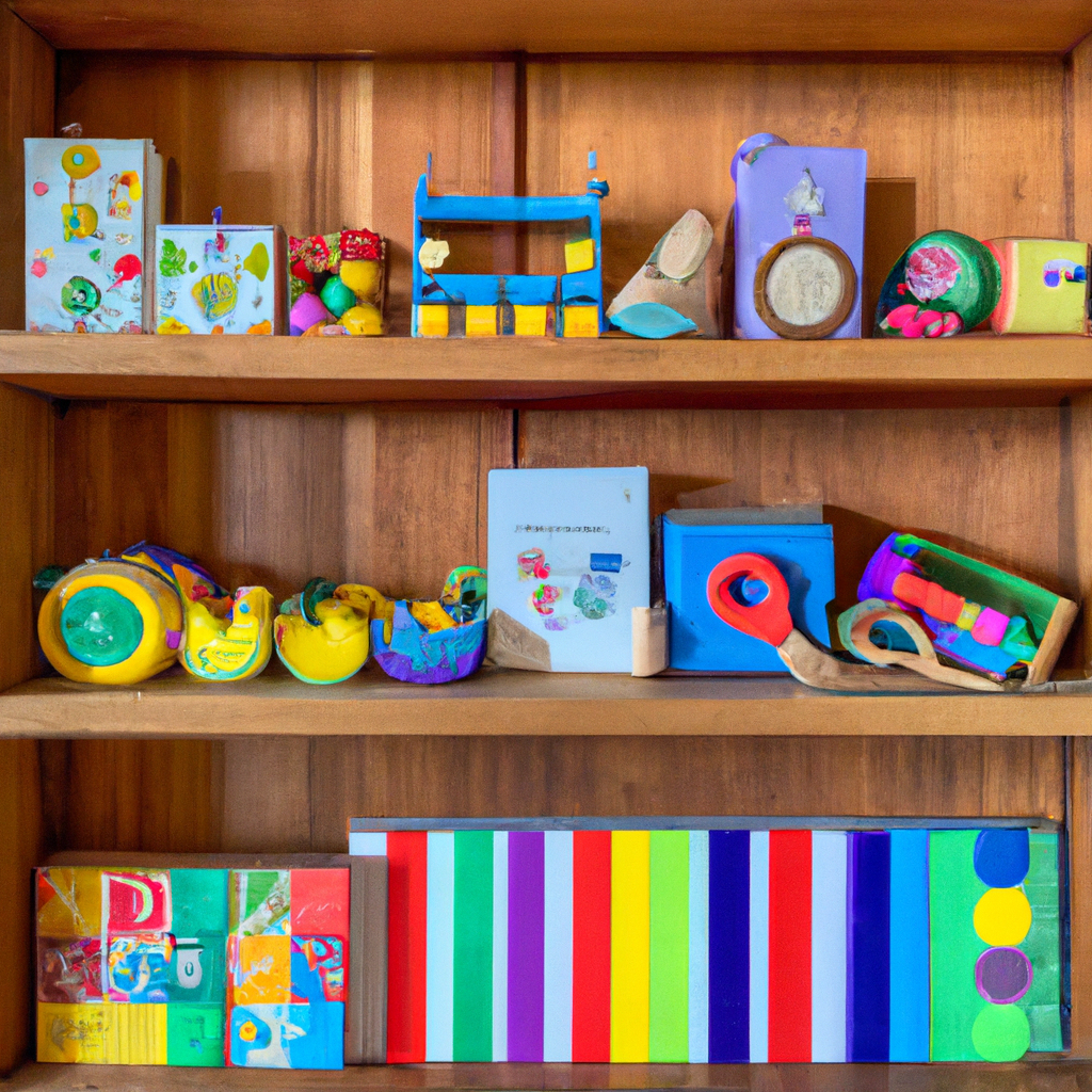 An image showcasing a colorful array of Montessori toys, neatly organized on a natural wooden shelf