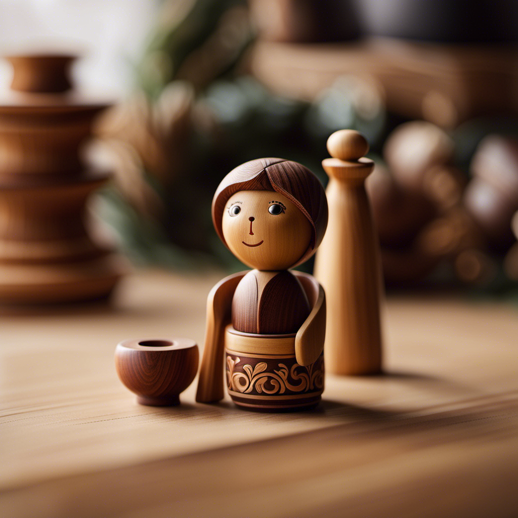An image showcasing a hand-carved wooden toy, meticulously crafted with smooth contours and intricate detailing