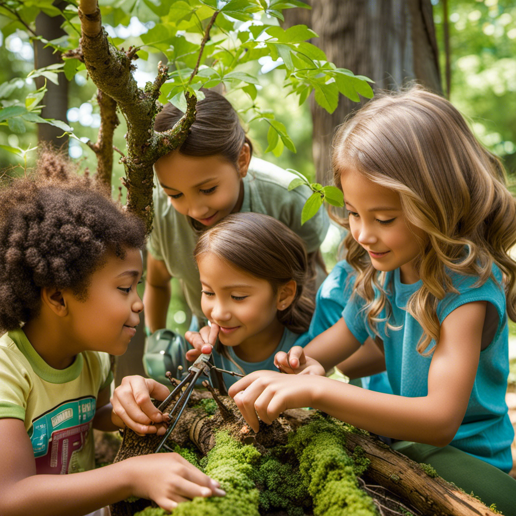 An image showcasing the interconnectedness of three children engaging in hands-on activities with trees, fostering curiosity and exploration