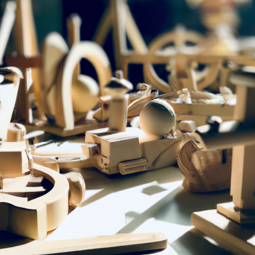 an enchanting scene of a wooden Montessori toy workshop bathed in warm sunlight