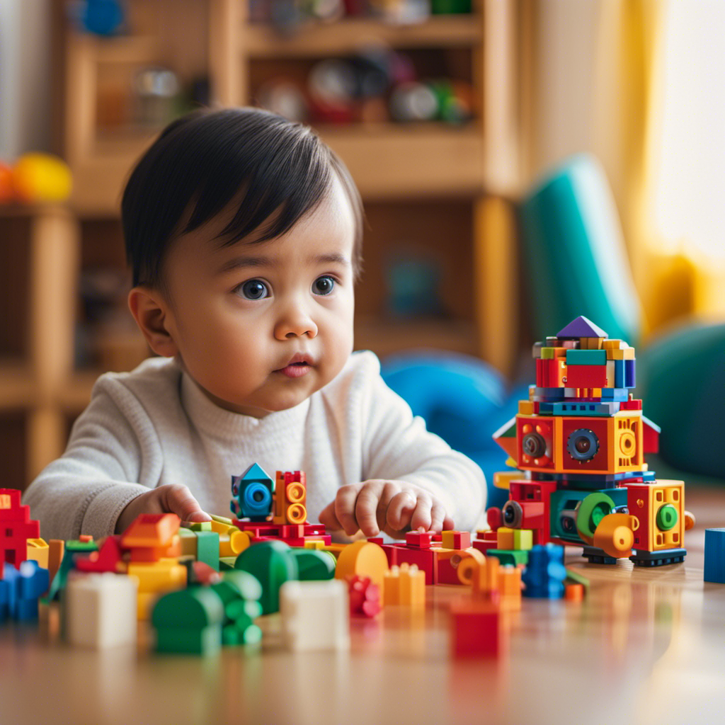An image of a curious toddler, surrounded by a colorful array of STEM toys such as building blocks, puzzle sets, and miniature robots