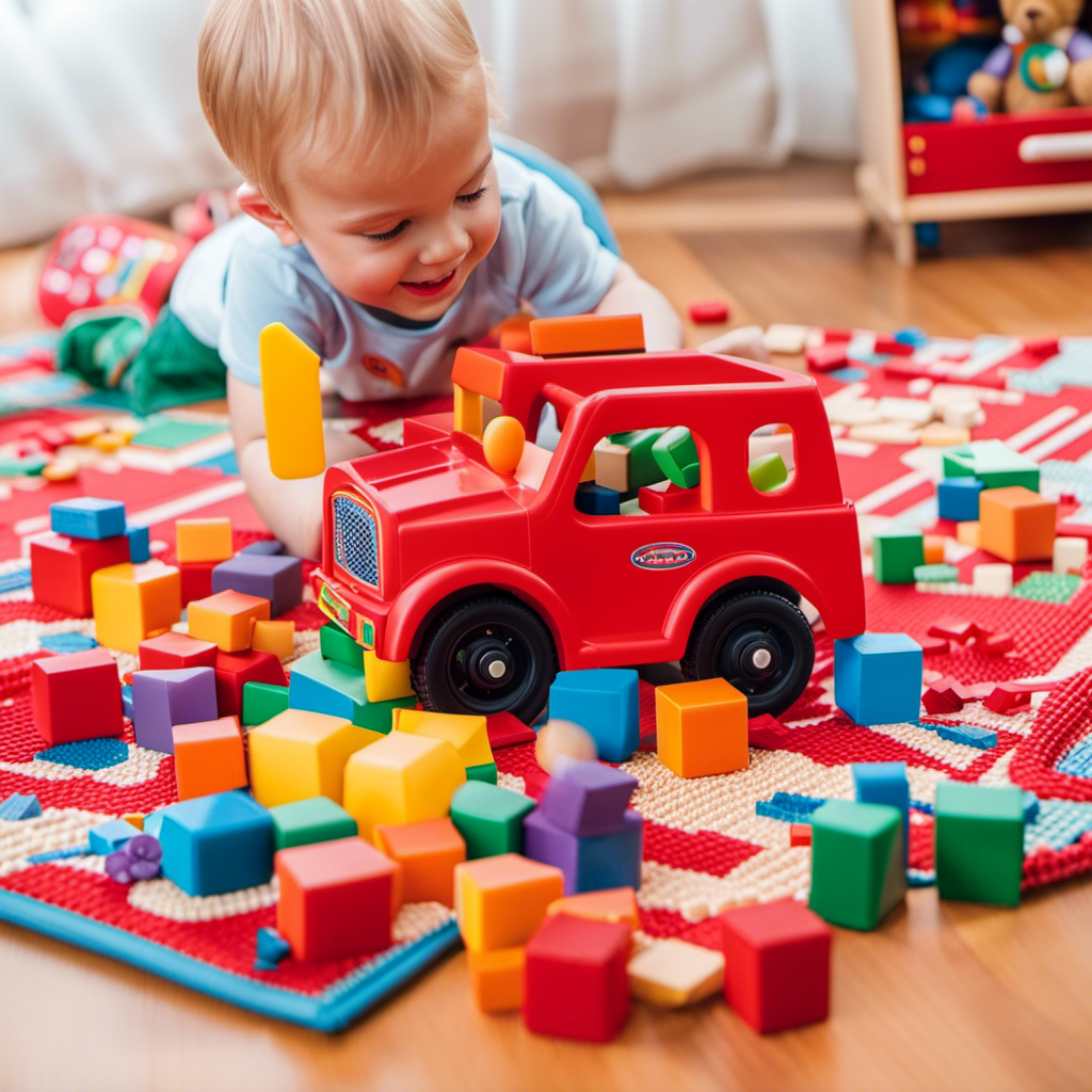 An image capturing the pure joy of a two-year-old preschooler playing with their favorite toys - a bright red wooden truck, a stack of colorful blocks, and a cuddly teddy bear - all scattered on a vibrant play mat