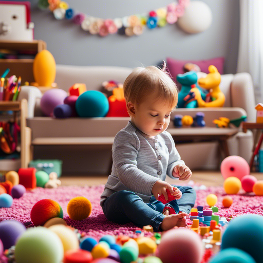 An image of a colorful, well-lit room with a toddler sitting on a soft rug, carefully arranging an array of vibrant toys in a perfect line