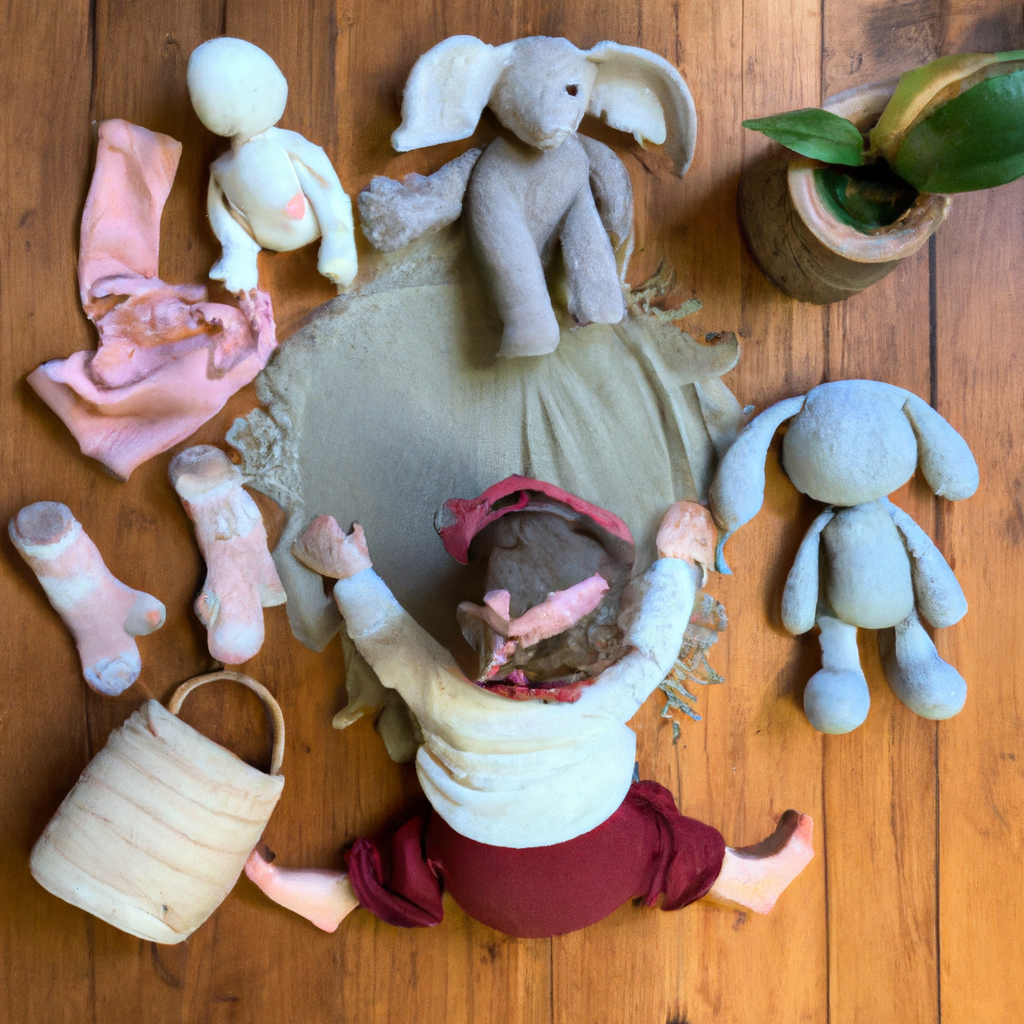the whimsical essence of Waldorf toys with an image of a toddler sitting cross-legged on a natural wooden floor, surrounded by a collection of handmade, soft-hued toys that inspire imaginative play and nurture creativity