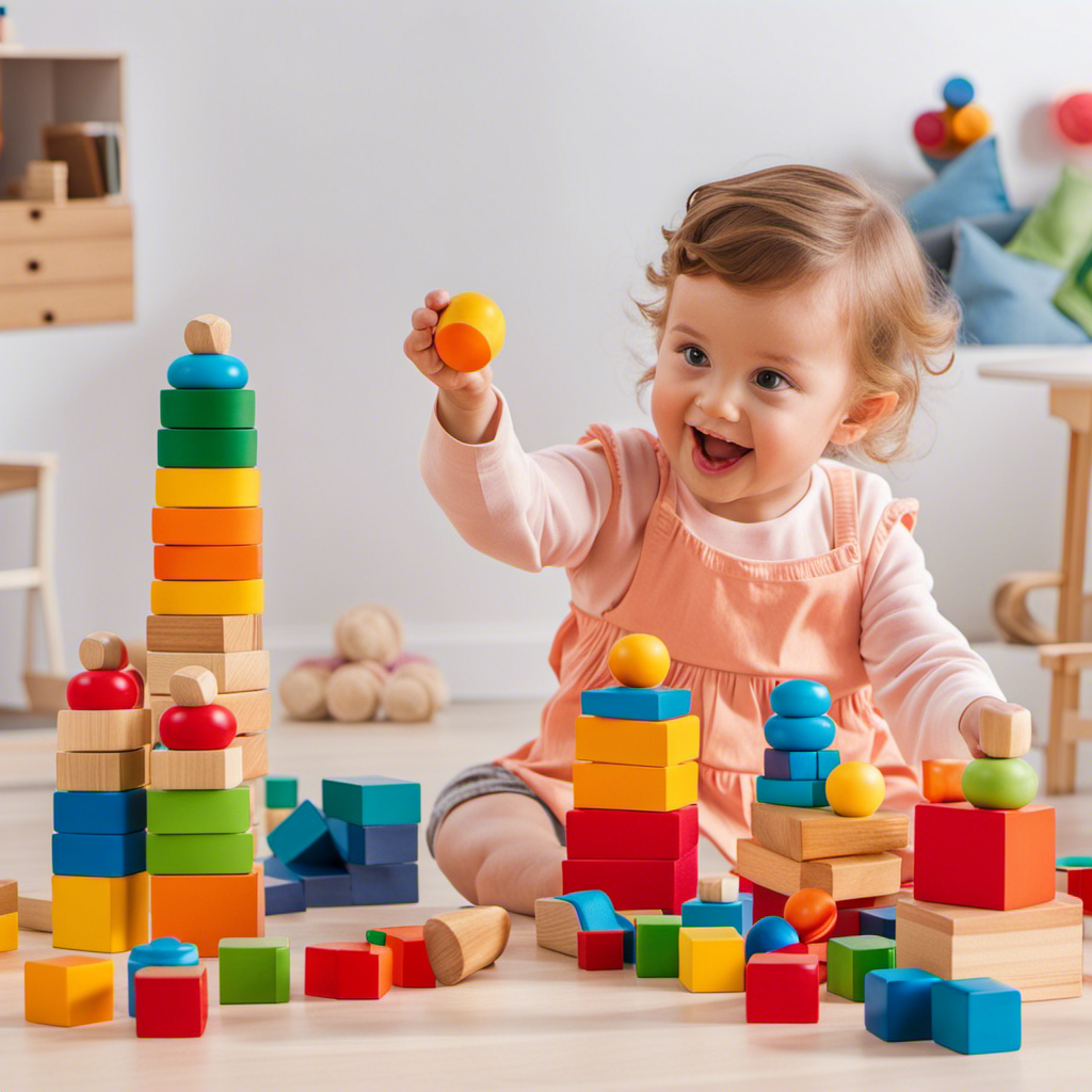 An image capturing the vibrant energy of toddlers as they engage with Montessori toys, their hands grasping colorful wooden blocks, their eyes sparkling with curiosity, and their laughter filling the air