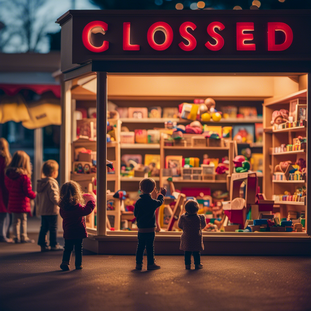 An image that showcases a dimly lit toy store with empty shelves, a prominent "Closed" sign, while outside a Montessori school, children happily receive donated toys, with their grateful smiles lighting up the scene