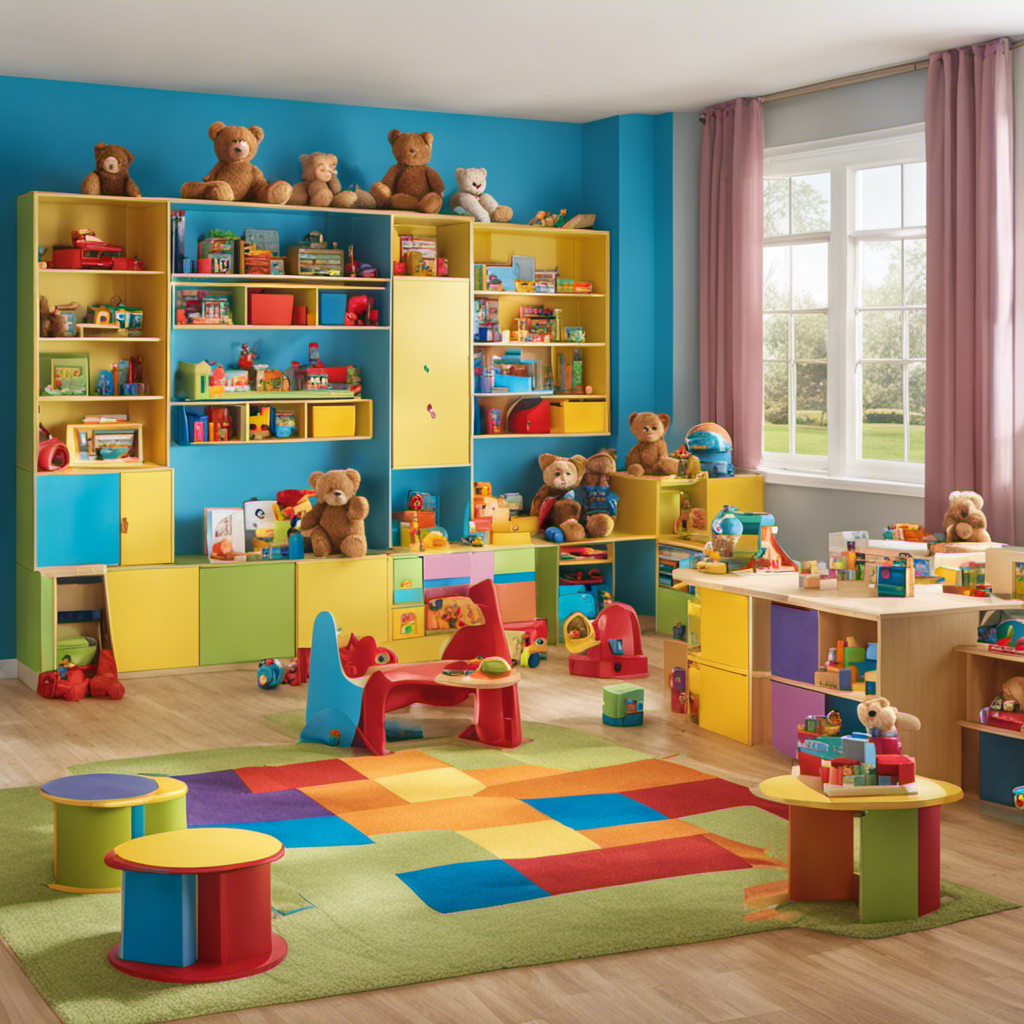 An image showcasing a vibrant, bustling preschool playroom, adorned with shelves stacked high with colorful, plush teddy bears, interactive learning robots, whimsical dollhouses, and a multitude of captivating building blocks