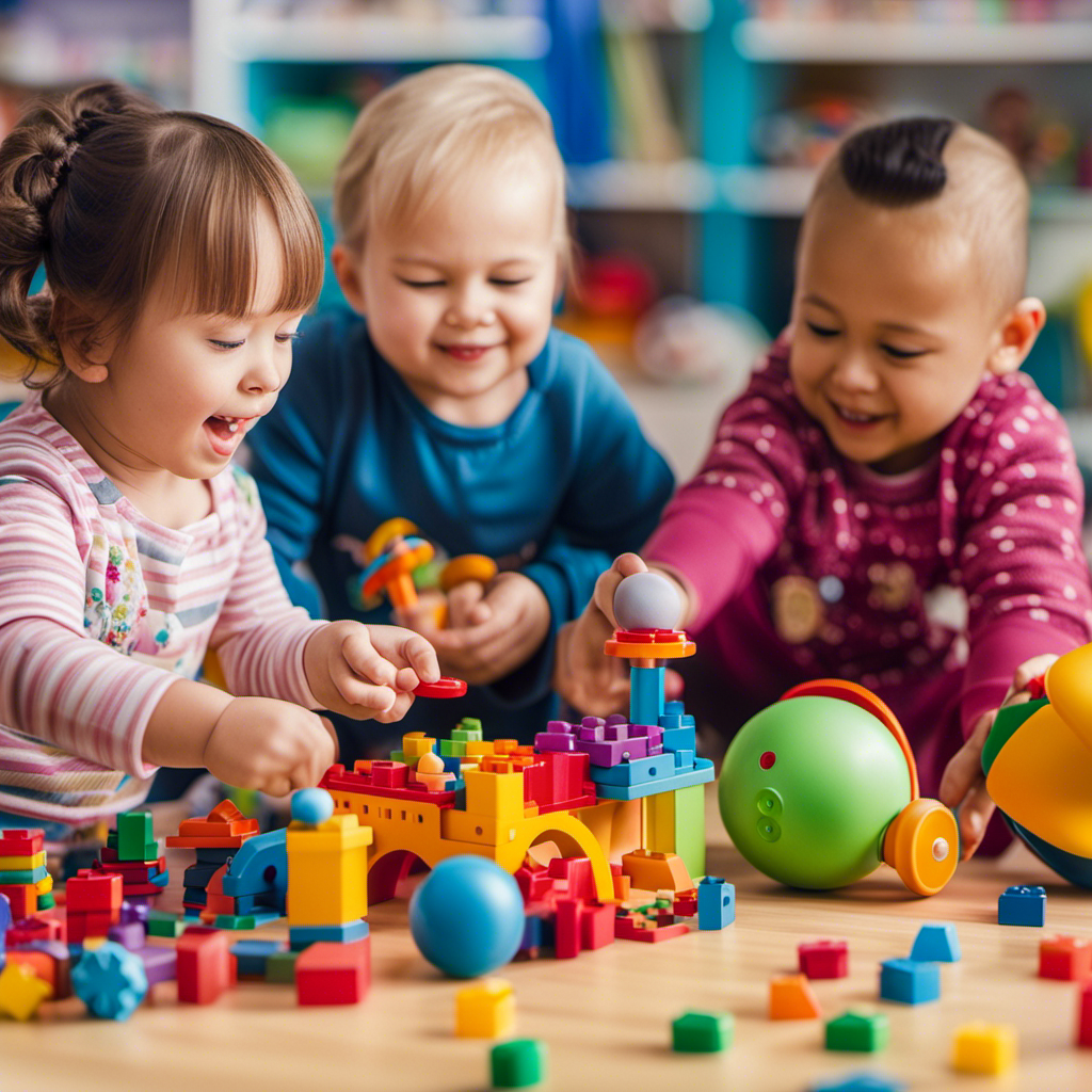 An image showcasing a group of preschool children with Down Syndrome engaging in joyful play with a variety of colorful toys, including sensory toys, puzzles, building blocks, and dolls, promoting inclusive and enriching playtime experiences