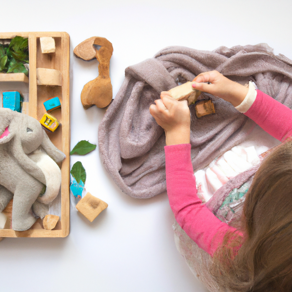 An image showcasing a child engrossed in play with a Waldorf toy, surrounded by natural materials like wooden blocks, silk scarves, and knitted animals, highlighting the simplicity and tactile nature of these educational toys