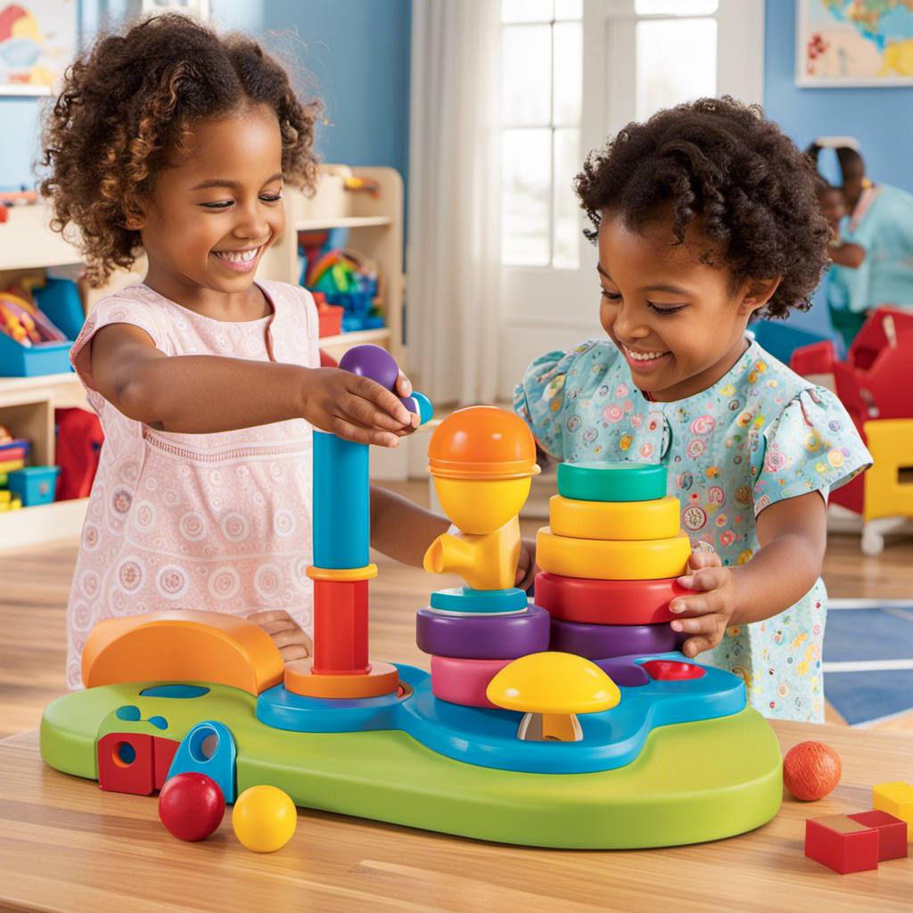 An image featuring a vibrant playroom filled with interactive toys, such as a colorful puzzle, a shape-sorting game, and a hands-on science kit, all engaging preschoolers in a seamless learning experience