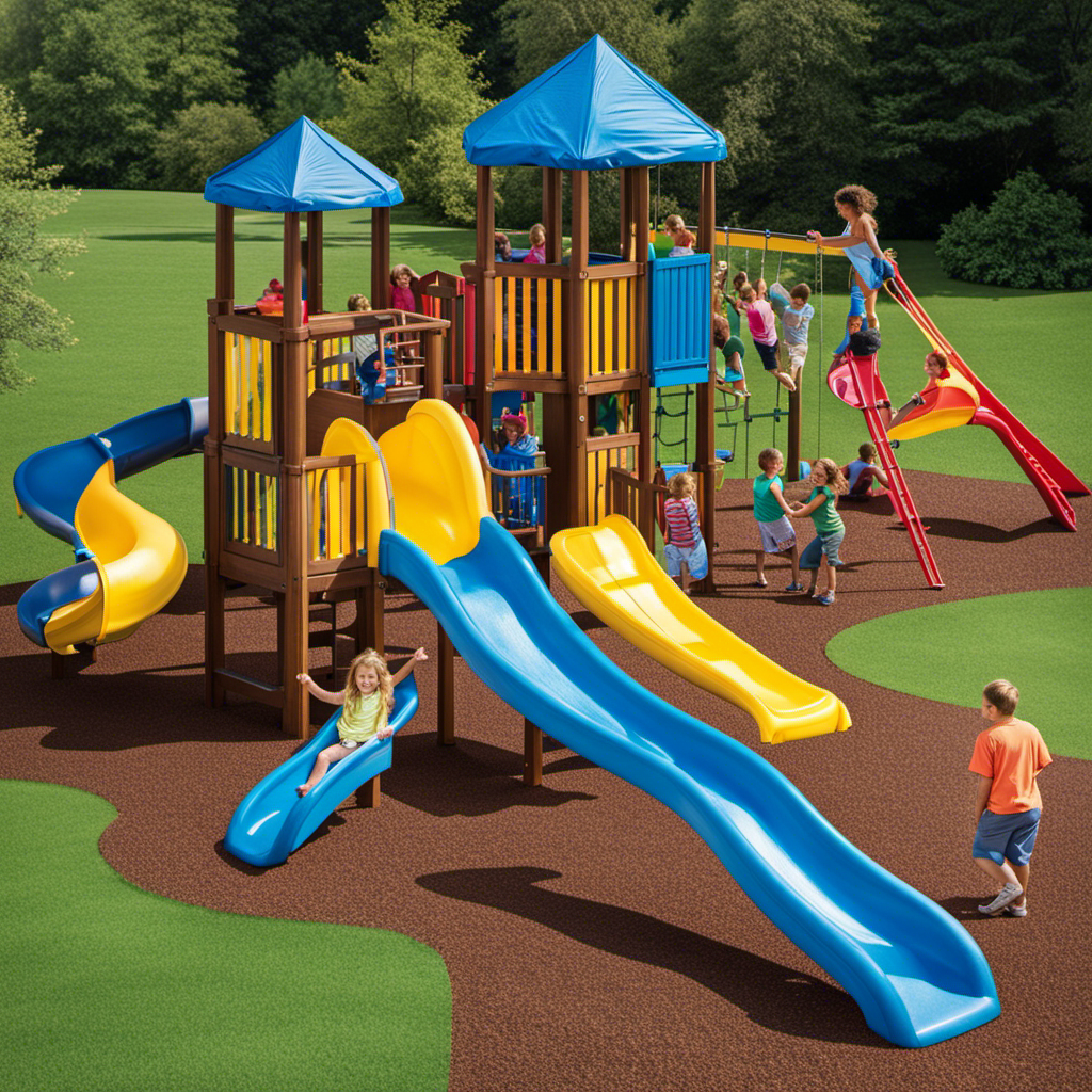 An image showcasing a vibrant playground filled with colorful slides, climbing walls, swings, and sandbox