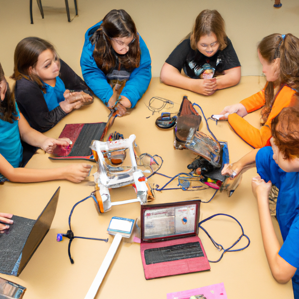 An image showcasing a group of enthusiastic tweens, engrossed in STEM toys like a robotic kit, coding board, microscope, and solar-powered models, immersed in hands-on learning and discovery
