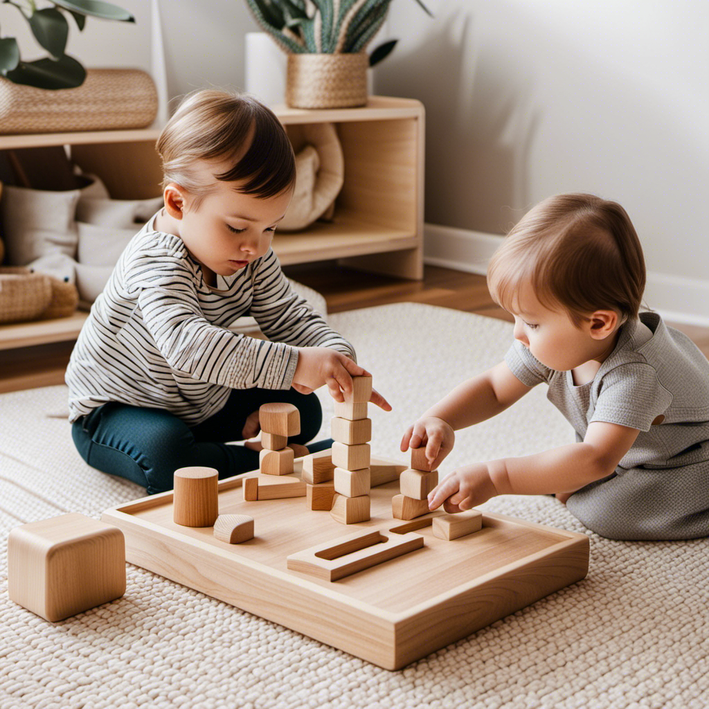 An image showcasing a sleek, minimalist play area with a curated selection of modern Montessori toys