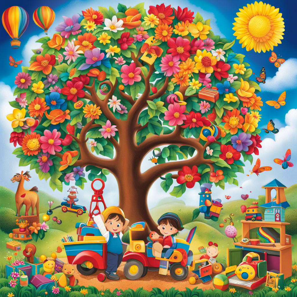 An image showcasing a vibrant, blooming tree with roots grounded in a diverse array of toys, books, and tools symbolizing early childhood development, highlighting the path to lifelong success