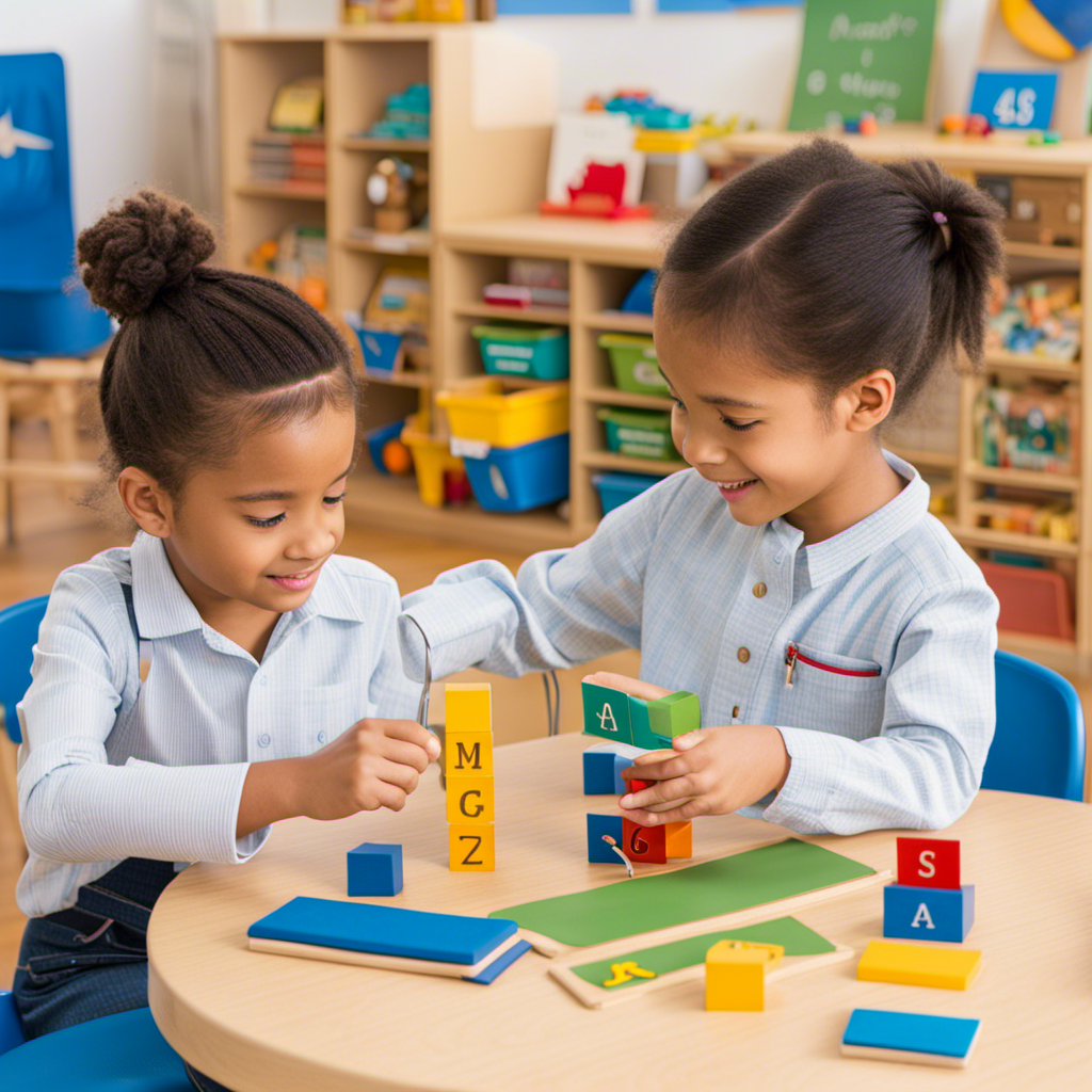 An image showcasing a Montessori classroom filled with vibrant language materials, such as movable alphabets, word cards, and grammar symbols, inviting children to explore and unlock their language potential