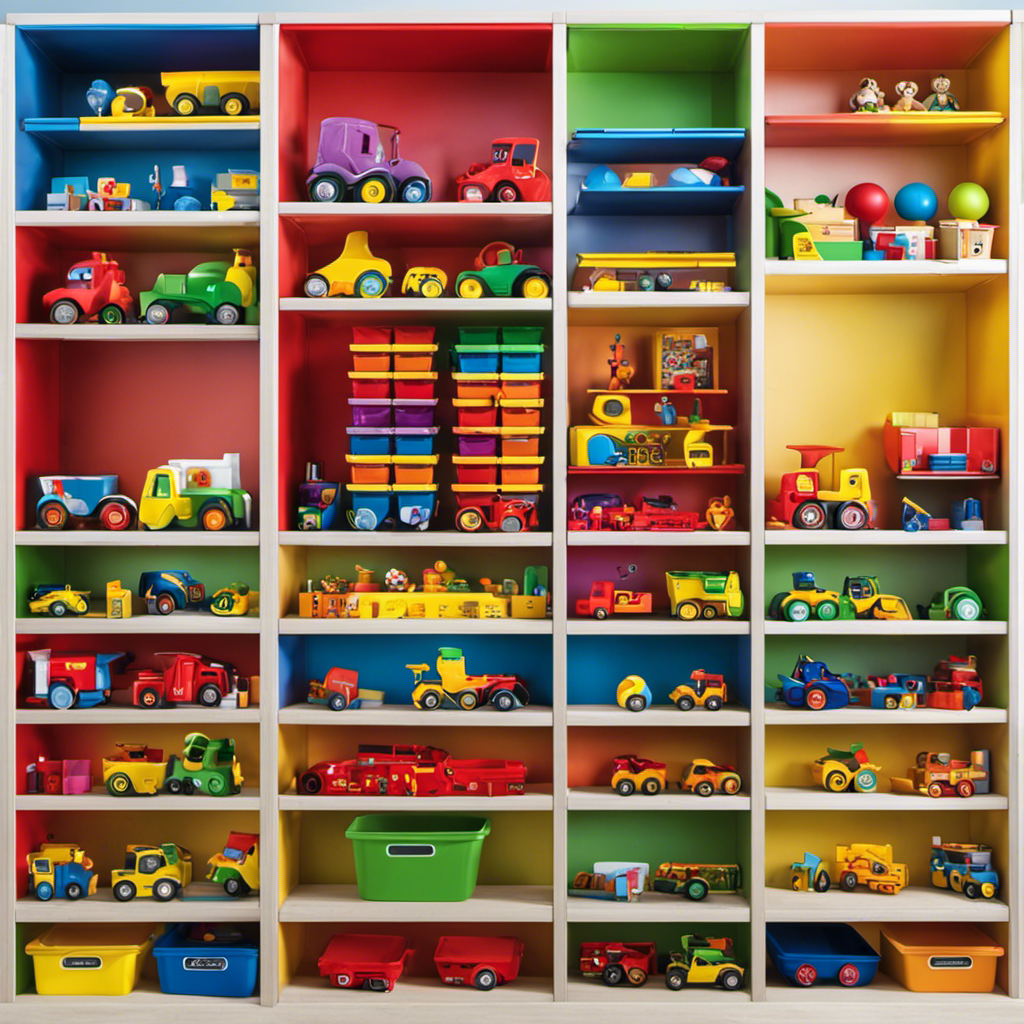 An image showcasing a colorful, neatly organized shelf filled with a variety of high-quality preschool toys