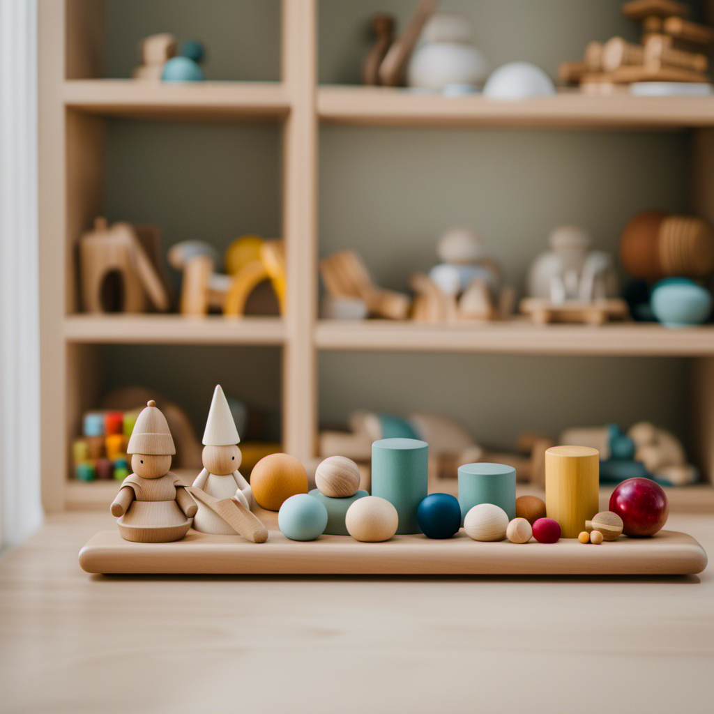 An image showcasing a serene, minimalist playroom with a small wooden shelf adorned with a curated collection of open-ended Waldorf toys, inviting a sense of calm, creativity, and intentional play