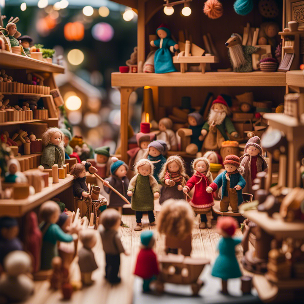 An image capturing the enchanting atmosphere of a Waldorf toy market: a bustling scene of artisans showcasing handcrafted wooden toys, vibrant felt animals, and delicately knitted dolls with children joyfully exploring the magical displays