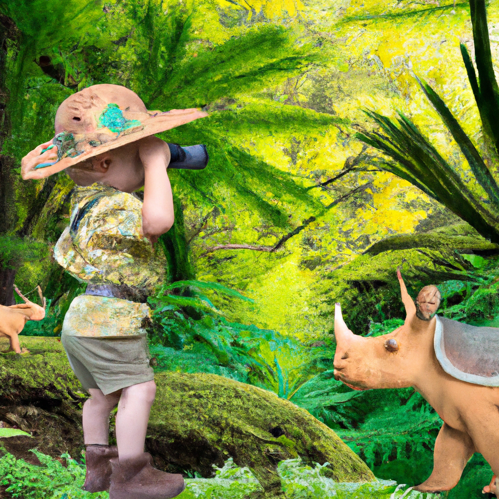An image of a preschooler, clad in a safari hat and binoculars, joyfully stepping onto a lush prehistoric landscape