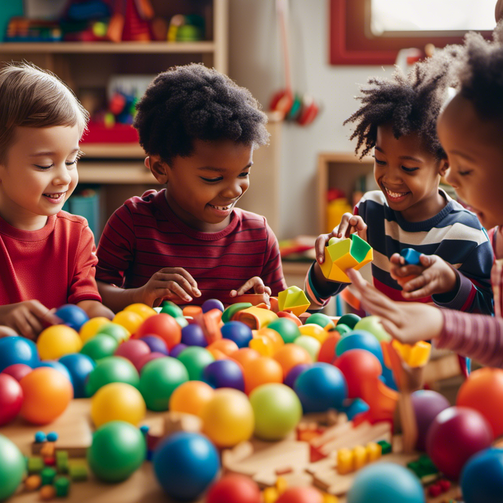 An image depicting a diverse group of preschoolers engaged in play with a wide range of sensory toys like textured balls, building blocks, puzzles, and musical instruments, tailored to meet their special needs