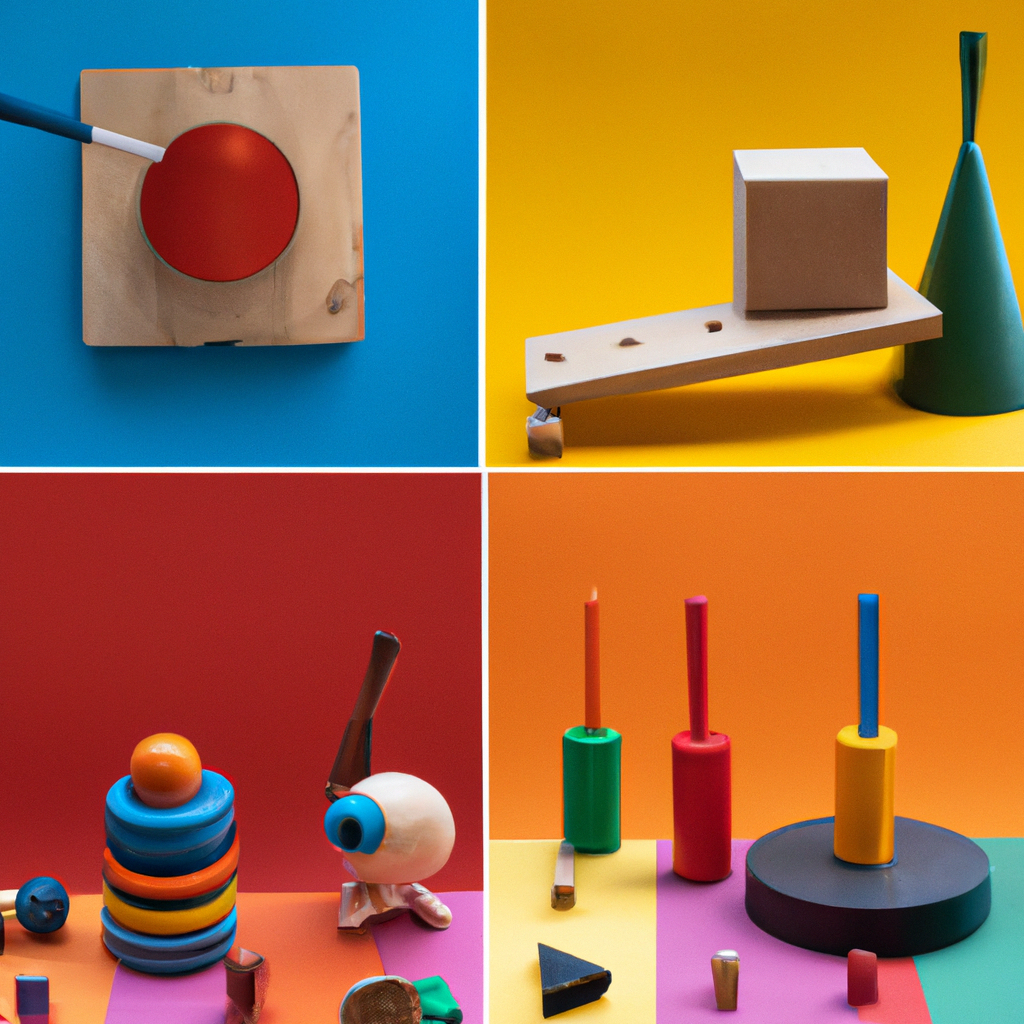 An image showcasing a collection of timeless Montessori toys, including wooden stacking blocks, colorful geometric puzzles, sensory tactile balls, and a child-sized broom, reflecting the essence of hands-on learning and independent play