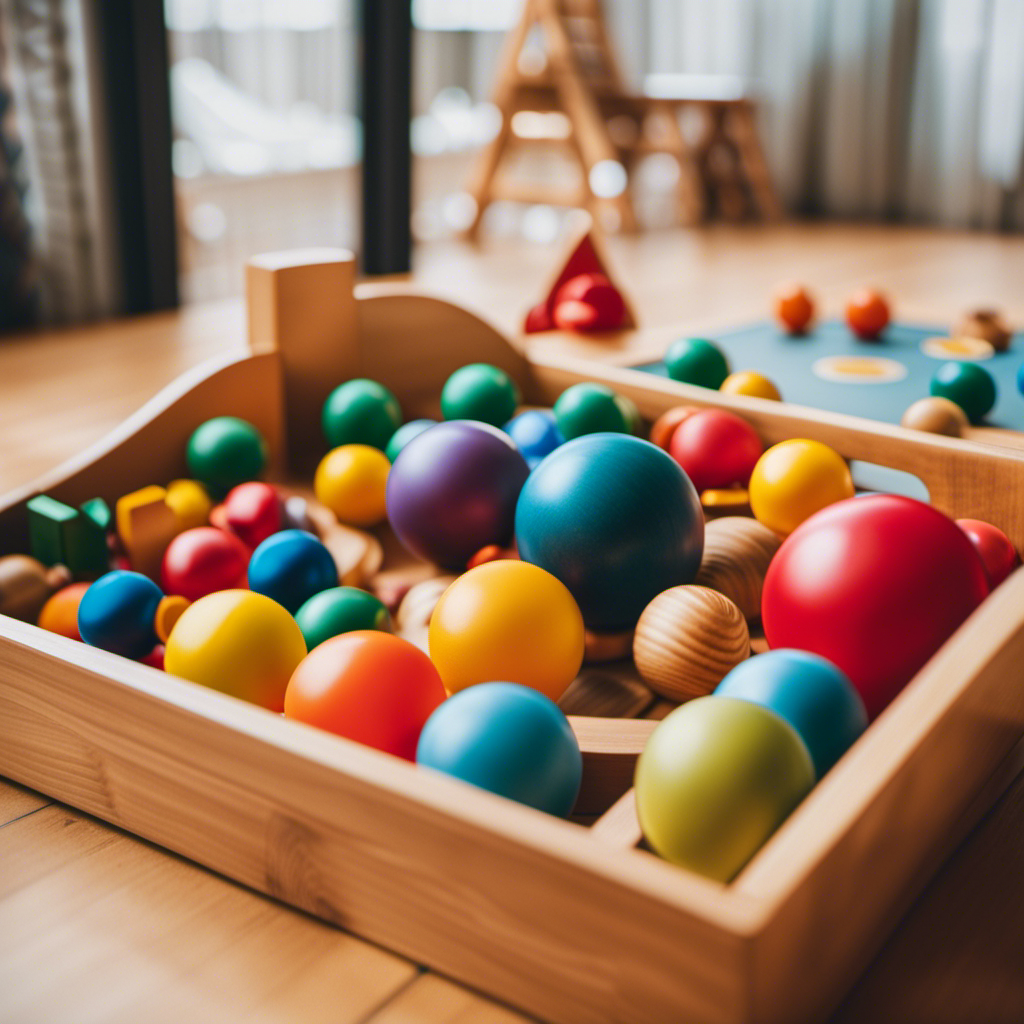 An image showcasing a colorful, open-ended play space filled with Montessori toys for babies