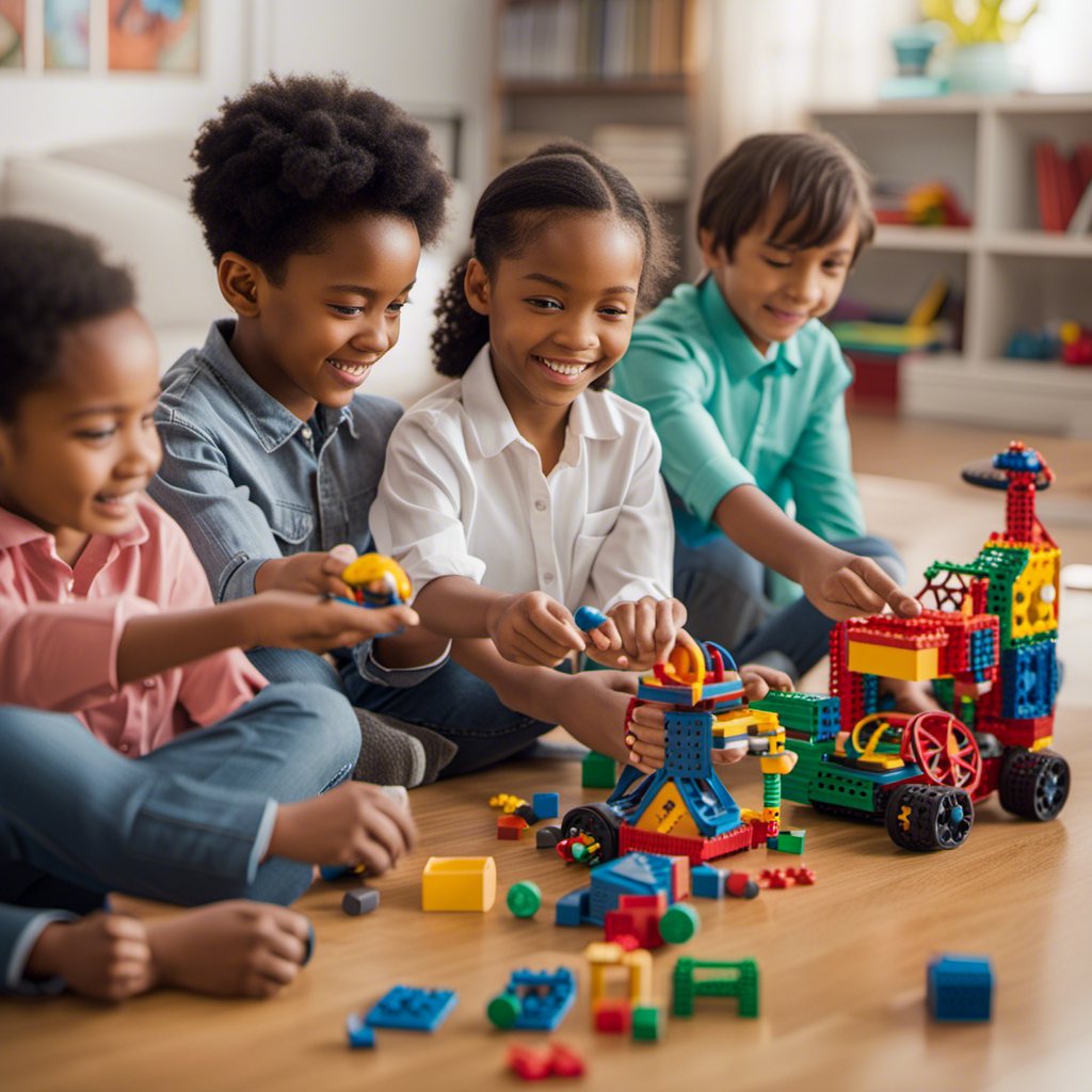 An image showcasing a diverse group of children enthusiastically engaged with various STEM building toys, such as magnetic blocks, robotics kits, and engineering sets