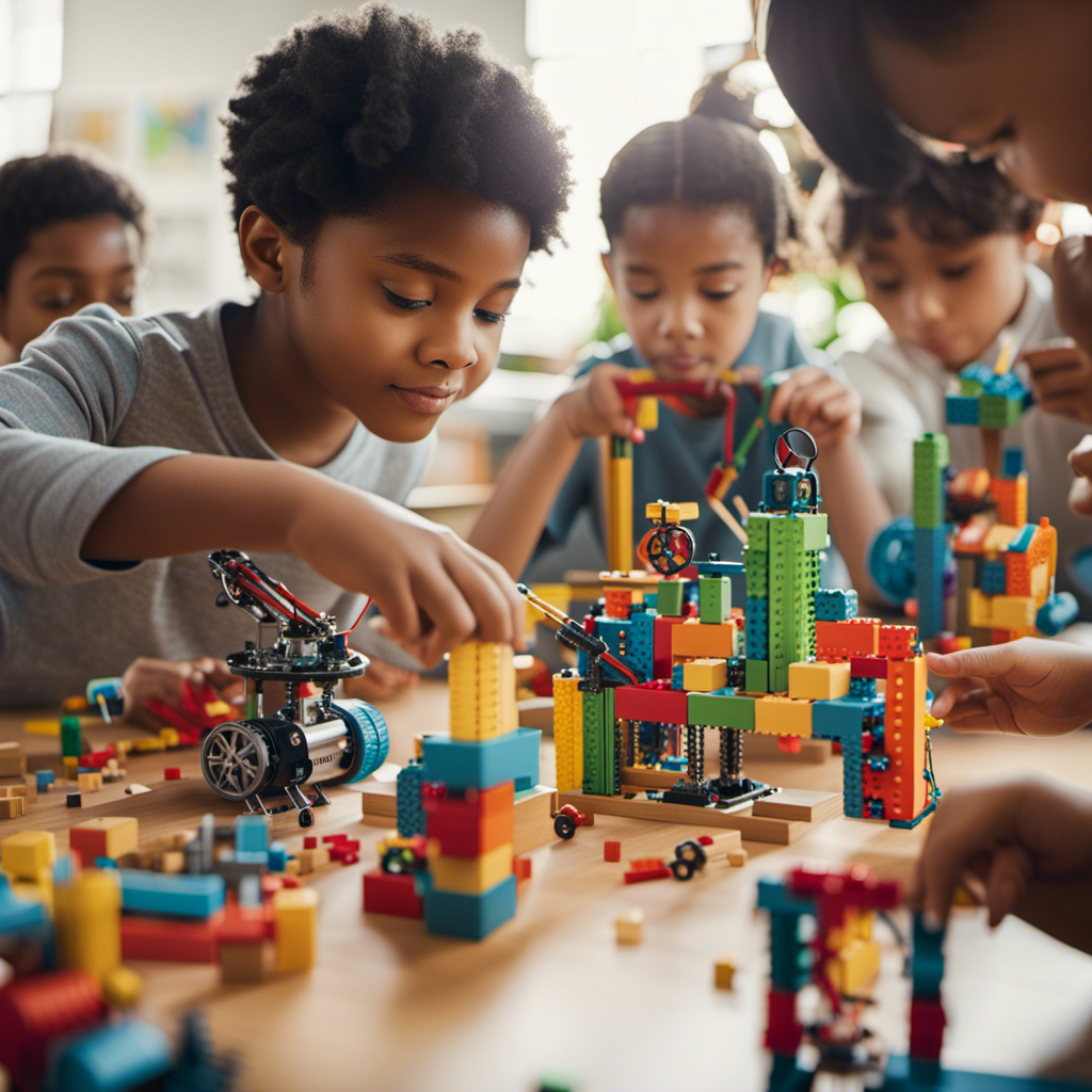 An image showcasing a diverse group of children eagerly engaged in constructing intricate structures with building blocks, tinkering with robotics, and conducting science experiments, illustrating the essence of STEM educational toys