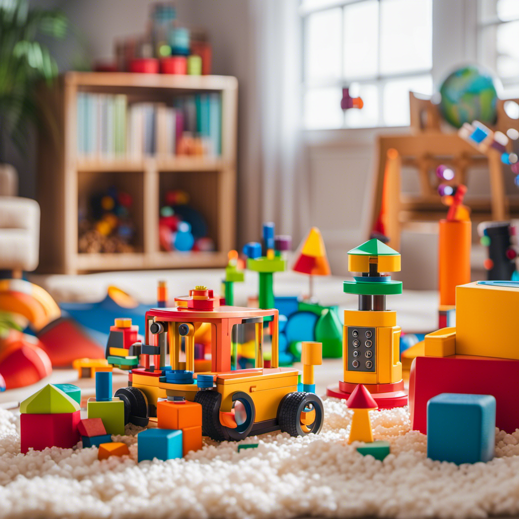 An image showcasing a bright and colorful playroom filled with various STEM toys for toddlers, including building blocks, magnetic shapes, a miniature microscope, and a toy robot, encouraging curiosity, exploration, and early learning