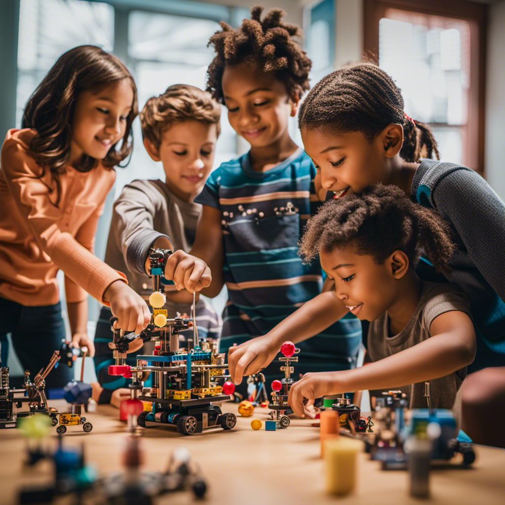 Create an image showcasing a diverse group of children enthusiastically engaged in hands-on experiments, building intricate structures, coding robots, and exploring scientific concepts, portraying the essence of STEM toys and their role in fostering curiosity, creativity, and critical thinking skills