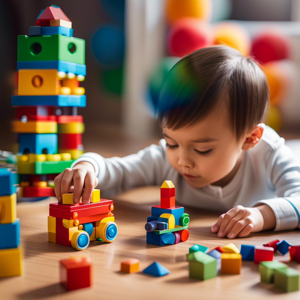 An image showcasing a 2-year-old engaged in hands-on play with a colorful assortment of building blocks, a magnifying glass, a puzzle, and a toy robot, fostering their development of STEM skills
