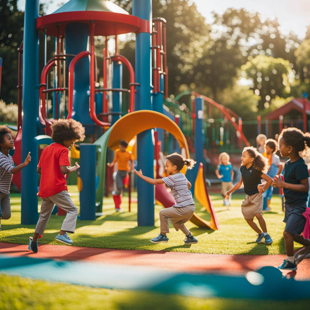 An image showcasing a vibrant playground scene with children engaged in physical activities, socializing, exploring their surroundings, and displaying cognitive skills through problem-solving and imaginative play