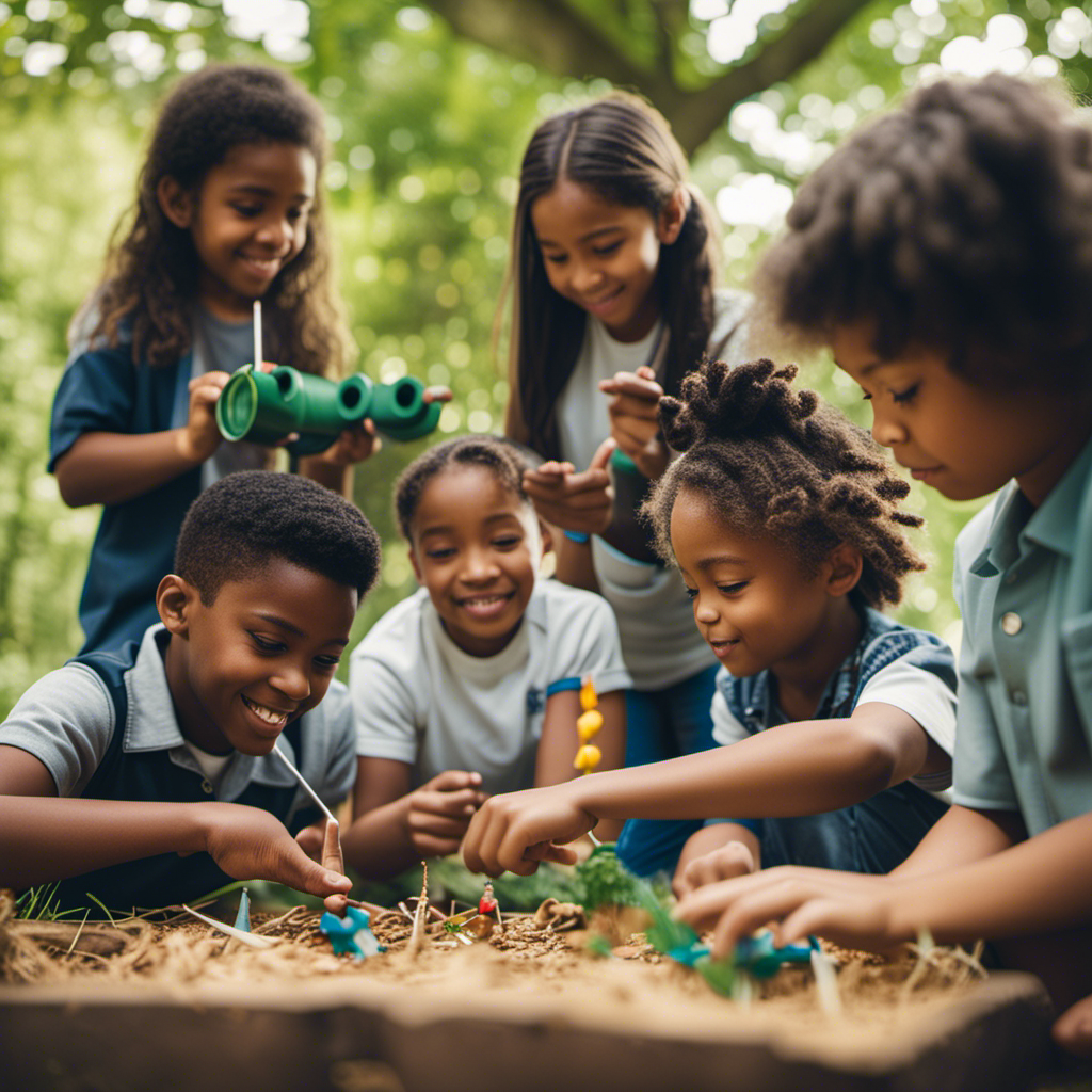 An image showcasing a diverse group of children engaged in various activities such as exploring nature, solving puzzles, playing sports, creating artwork, and collaborating in a science experiment