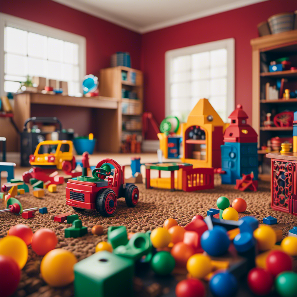 An image showcasing a dynamic and diverse playroom scene, filled with an array of high-quality STEM building toys from renowned brands