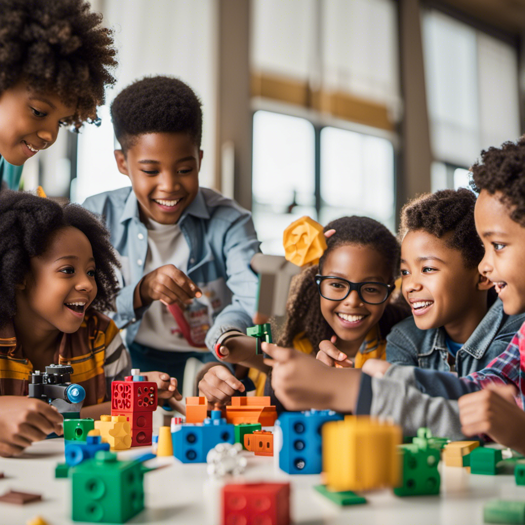 An image showcasing a diverse group of children, engaged in hands-on activities with STEM toys such as building blocks, robotic kits, microscopes, and coding games