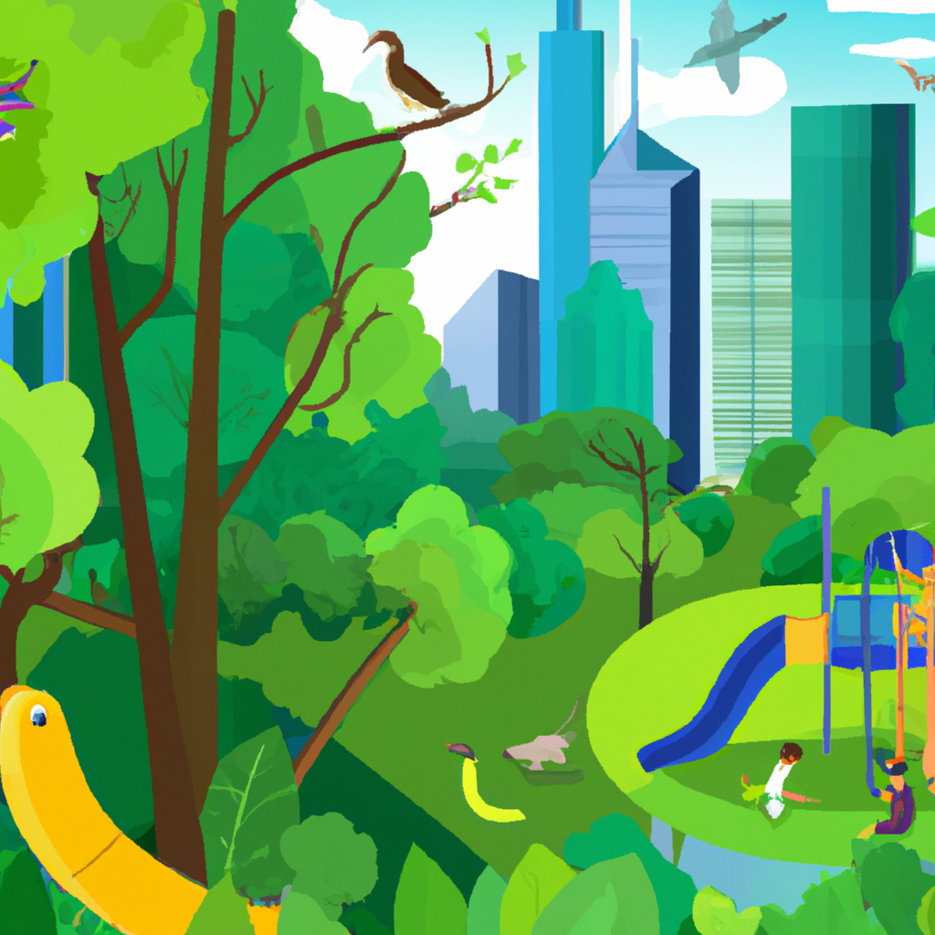 An image showcasing a lush green forest with a variety of wildlife, a vibrant playground filled with children playing, and a bustling city skyline in the background, all symbolizing the diverse environmental factors influencing child development