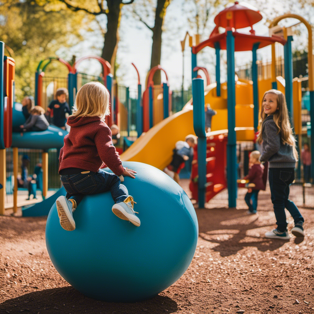 An image showcasing a vibrant, diverse playground with children engaged in social interactions, demonstrating physical skills, exploring their surroundings, expressing creativity, and engaging in cognitive activities