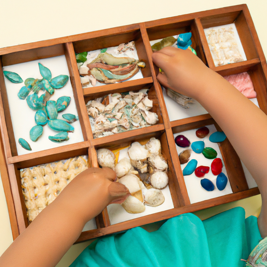 An image capturing a child's hands delicately arranging vibrant wooden blocks, beads, and shells into designated compartments of a Montessori sorting tray, showcasing the purpose and value of these tactile learning tools