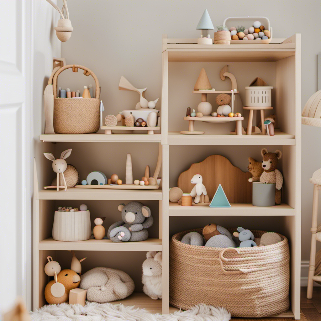 An image showcasing a serene nursery with shelves filled with carefully curated Montessori baby toys